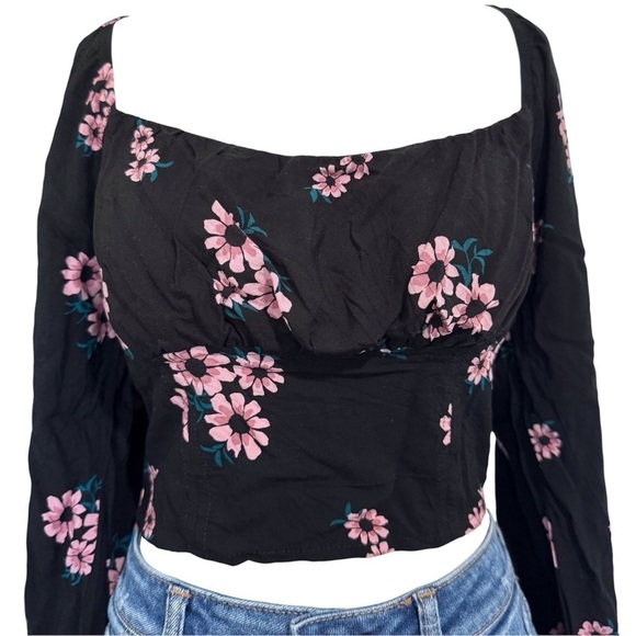 Wild Fable Long Sleeve Floral Peasant Blouse Smocked Crop Top Size Medium - Picture 2 of 7